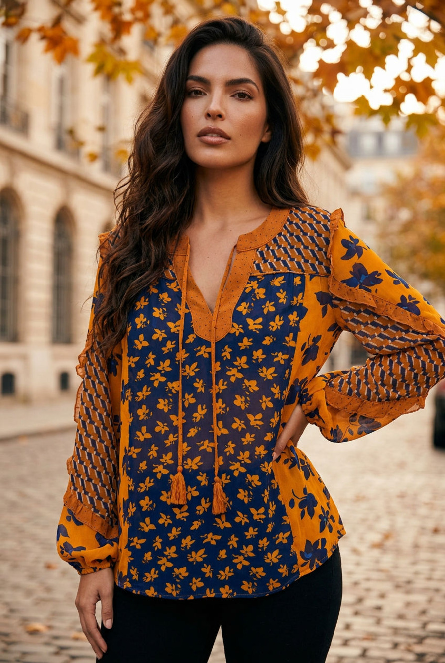 Cabi Harmony Blouse Floral Mixed Print Ruffled Sleeve Top Style 3953